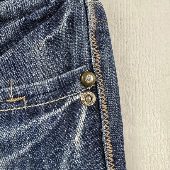 Bongo Jeans Womens 7 Blue Flare Distressed Rhinestone Pocket 3-Button Low Rise - Picture 4 of 11